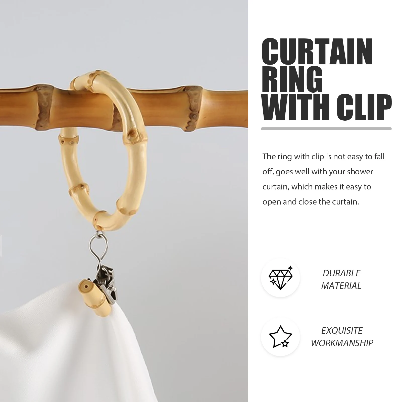 Bamboo Style Ring Hook Clip Drapery Rod Holder Shower Curtain Ring Rust-Proof Compact Easy Install Portable Decorative
Bamboo Style Ring Hook Clip Drapery Rod Holder Shower Curtain Ring Rust-Proof Compact Easy Install Portable Decorative