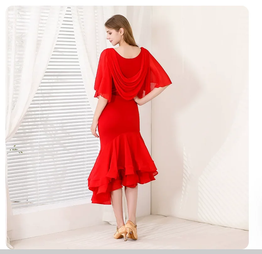 International standard dance attire for an irregularly layered Latin dance dress
International standard dance attire for an irregularly layered Latin dance dress