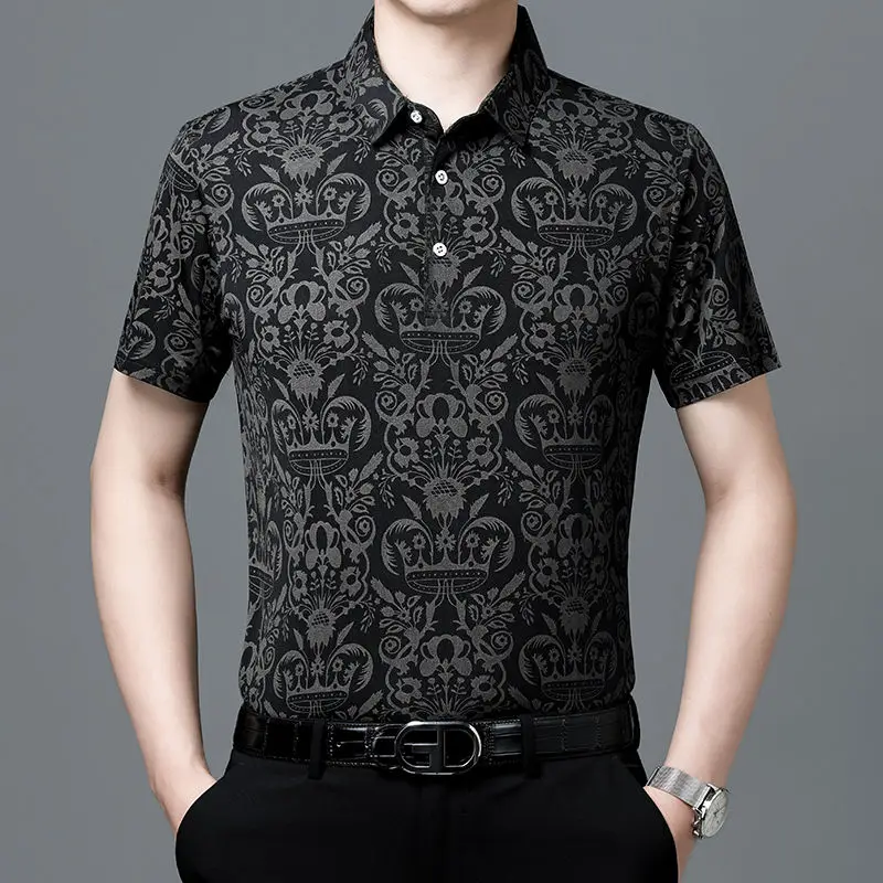 Black Short Sleeve Print Ice Silk With Collar T Shirt for Men Elastic Men's Clothing Aesthetic Quick-drying Man Polo Shirts
Black Short Sleeve Print Ice Silk With Collar T Shirt for Men Elastic Men's Clothing Aesthetic Quick-drying Man Polo Shirts