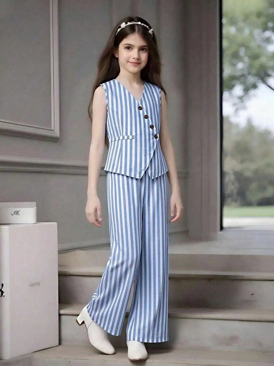 Blue And White Stripe Sleeveless Vest And Wide-Leg Pants Two Piece Set Casual Summer Outfit
Blue And White Stripe Sleeveless Vest And Wide-Leg Pants Two Piece Set Casual Summer Outfit