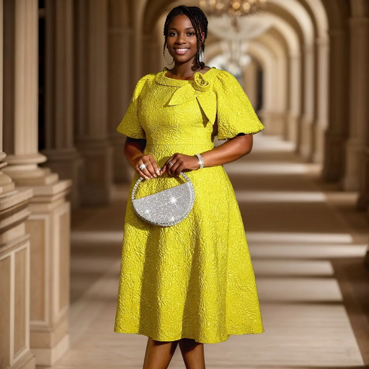 Plus Size Jacquard Midi Dress Women Puff Short Sleeve 3D Floral Bow Neck A Line Dress African Elegant Wedding Party Dresses
Plus Size Jacquard Midi Dress Women Puff Short Sleeve 3D Floral Bow Neck A Line Dress African Elegant Wedding Party Dresses