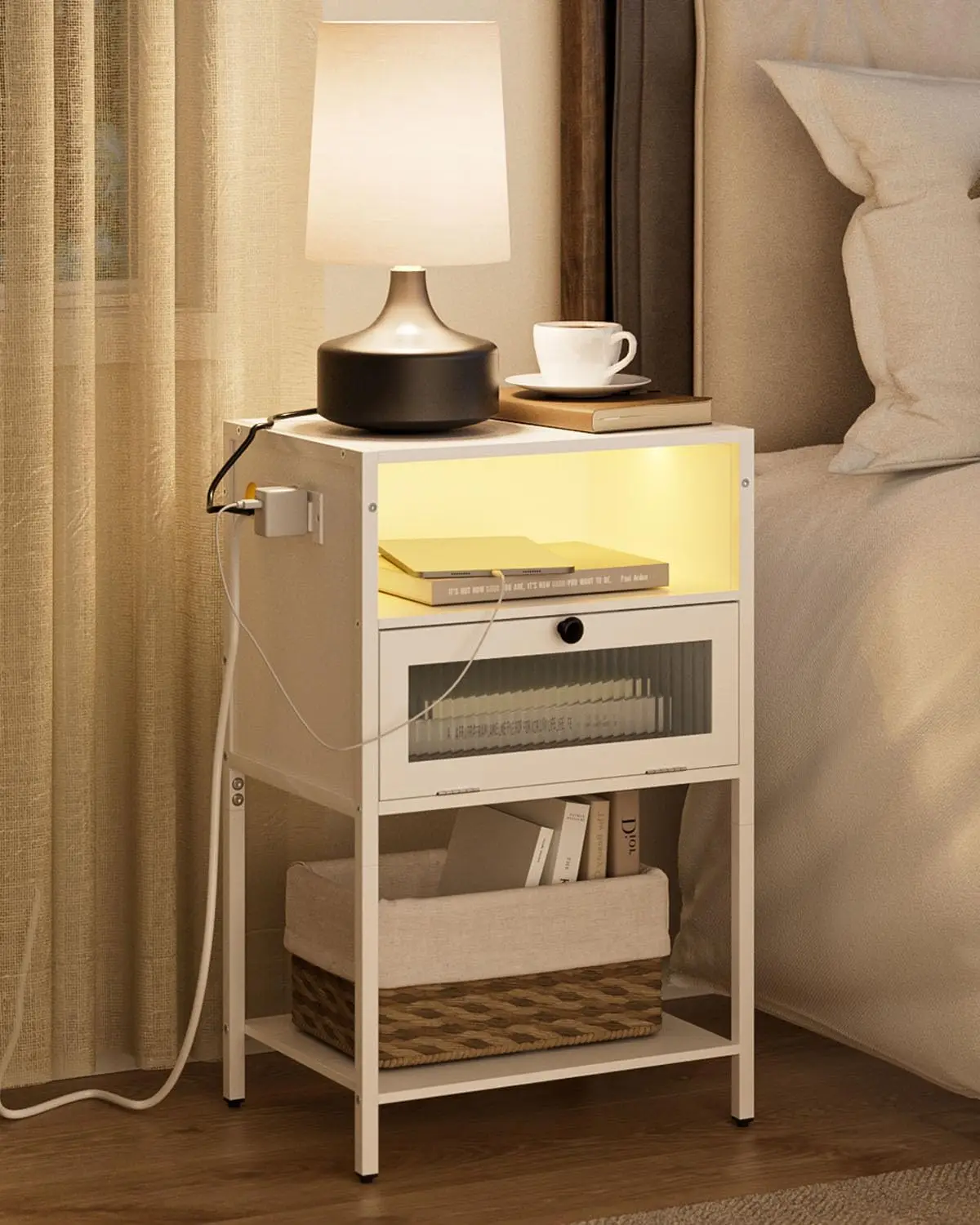 Nightstand with Charging Station and LED Lights, Modern Side Table End Table with Glass Decorative Door for Bedroom
Nightstand with Charging Station and LED Lights, Modern Side Table End Table with Glass Decorative Door for Bedroom