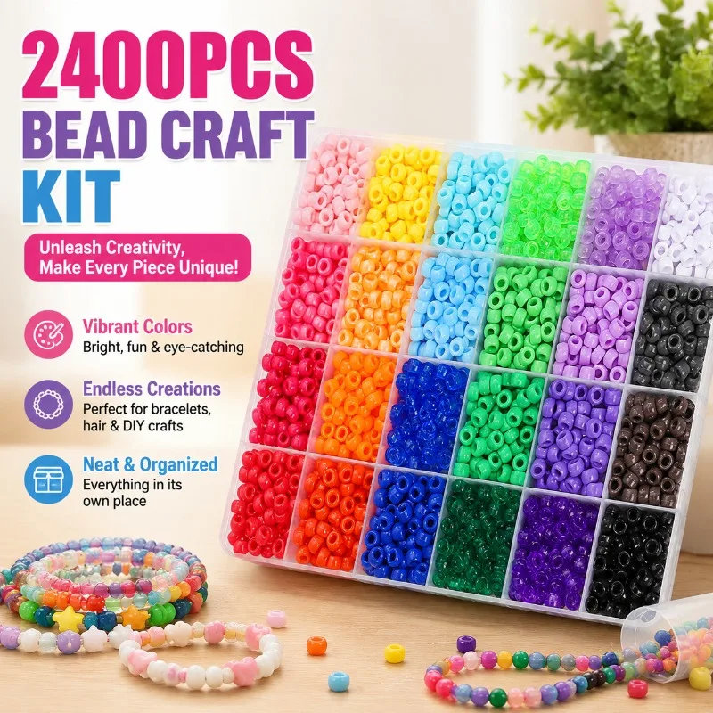 2400pcs Bead Craft Kit - Multicolor Plastic Pony Beads for Jewelry Making, Bracelets, Hair Braiding & DIY Crafts with Organizing
2400pcs Bead Craft Kit - Multicolor Plastic Pony Beads for Jewelry Making, Bracelets, Hair Braiding & DIY Crafts with Organizing
