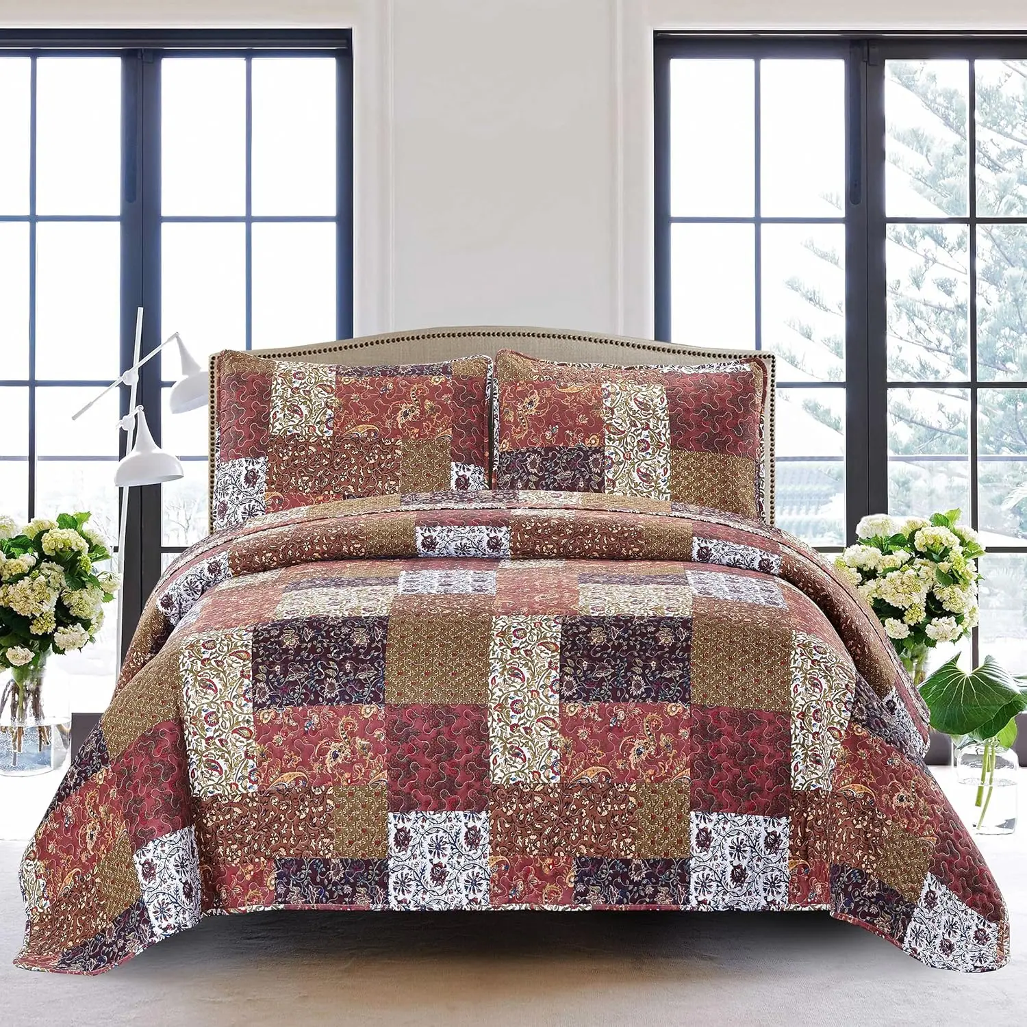 Queen Size Autumn Patchwork Quilt Set with 2 Shams, Red Toned Lightweight Bedspread for Fall Country Bedding
Queen Size Autumn Patchwork Quilt Set with 2 Shams, Red Toned Lightweight Bedspread for Fall Country Bedding