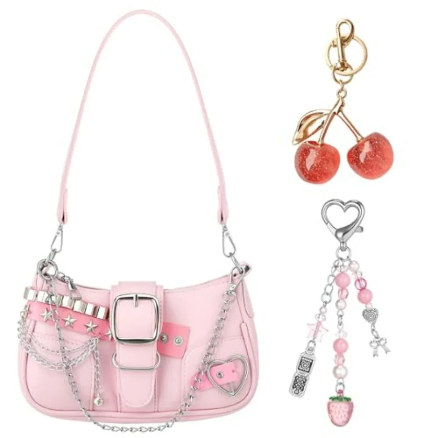 Pink Y2K Purse for Women, Cute Y2K Bag with Pink Cherry Keychain and Aesthetic Keychains Charms, Trendy Punk Shoulder Bag for W
Pink Y2K Purse for Women, Cute Y2K Bag with Pink Cherry Keychain and Aesthetic Keychains Charms, Trendy Punk Shoulder Bag for W