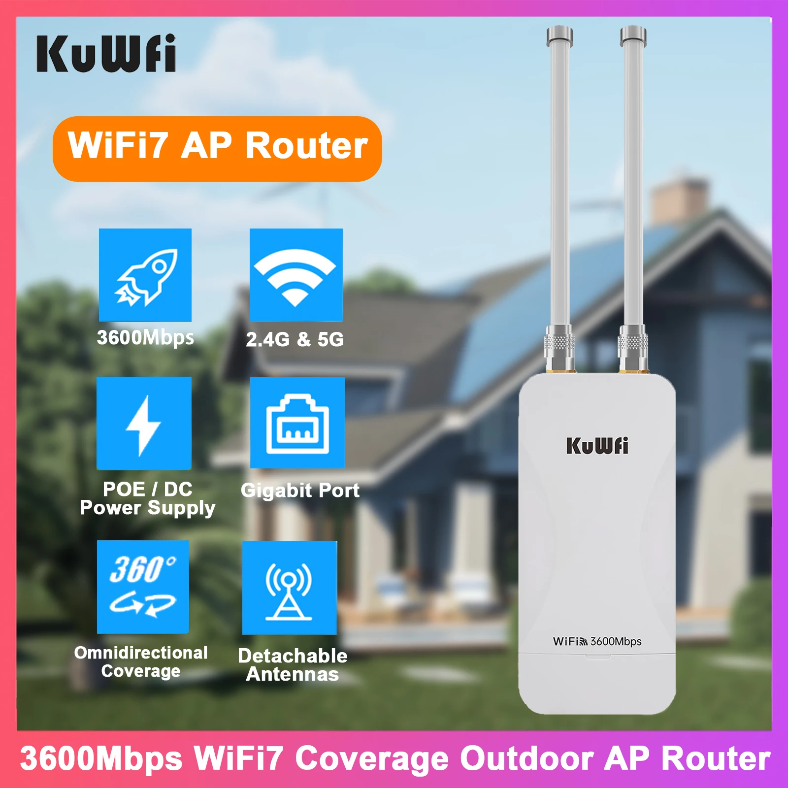 KuWFi BE3600 Outdoor AP Router 2.4GHz 5GHz Dual Wi-Fi7 Router Gigabit RJ45 Port Support POE / Solar DC Power IP65 Waterproof