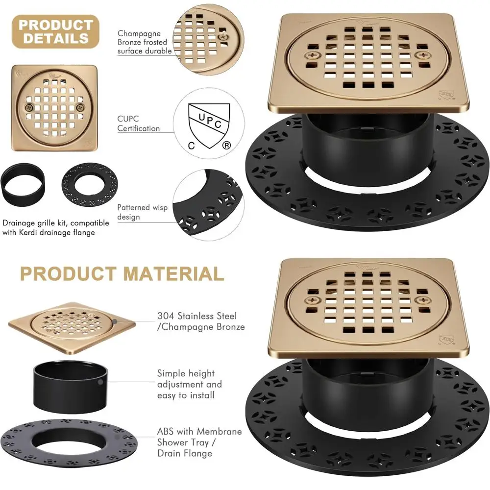 Комплект душевого слива 4 дюйма, цвет шампань-бронза, с фланцем из АБС-пластика, совместим с фланцем Kerdi Drain, регулируемая высота, нержавеющая сталь SUS304
Комплект душевого слива 4 дюйма, цвет шампань-бронза, с фланцем из АБС-пластика, совместим с фланцем Kerdi Drain, регулируемая высота, нержавеющая сталь SUS304