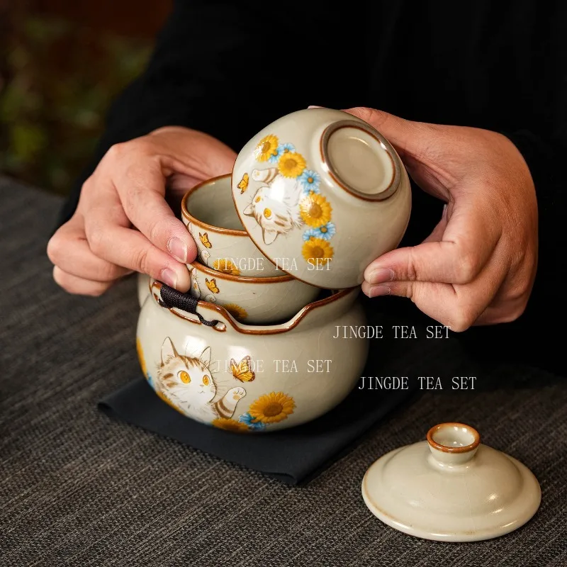 1 Pot, 3 Cups Kitten Portable Travel Tea Set Ru Kiln Handheld Pot Large Capacity Fast Customer Cup Tea Tasting Cup Master's Cup
1 Pot, 3 Cups Kitten Portable Travel Tea Set Ru Kiln Handheld Pot Large Capacity Fast Customer Cup Tea Tasting Cup Master's Cup