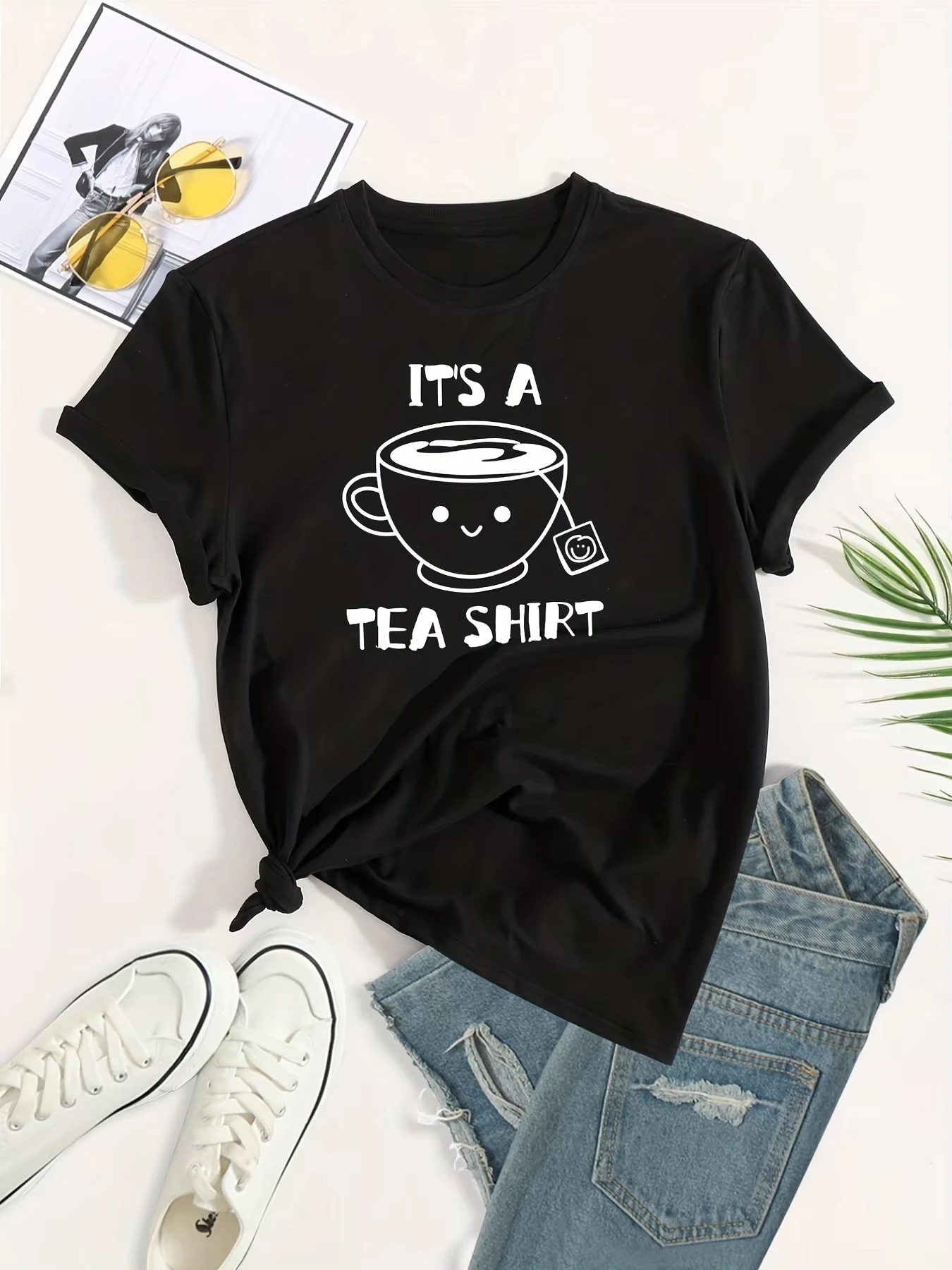 Plus Size Casual Tee, Women's Plus Cartoon Tea & Letter Print Short Sleeve Round Neck Slight Stretch T-Shirt
Plus Size Casual Tee, Women's Plus Cartoon Tea & Letter Print Short Sleeve Round Neck Slight Stretch T-Shirt