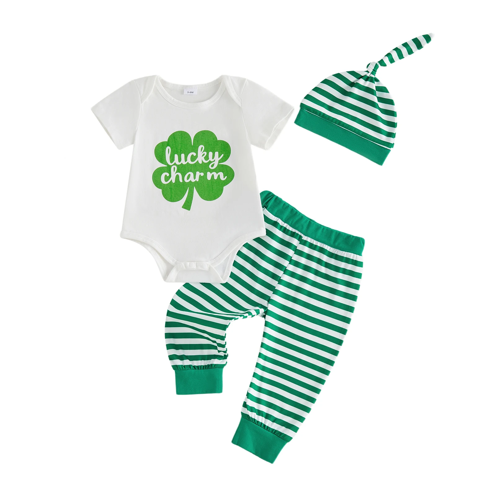 3Pcs Infant Boy Irish Outfit Short Sleeve Crew Neck Shamrock Letters Print Romper Elastic Waist Striped Pants and Hat
3Pcs Infant Boy Irish Outfit Short Sleeve Crew Neck Shamrock Letters Print Romper Elastic Waist Striped Pants and Hat