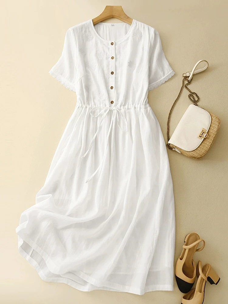 High Quality White Embroidery Women Dresses 2025 Summer Office Lady Age-reduced Lace A-Line Party Dresses Drawstring Sundress
High Quality White Embroidery Women Dresses 2025 Summer Office Lady Age-reduced Lace A-Line Party Dresses Drawstring Sundress