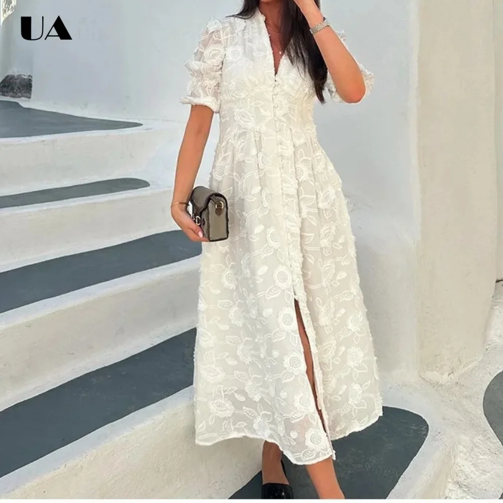 Fashionable Printed A-line V-neck Midi Dress with Puff Sleeve, Elegant Single Breasted Long Dress, Vacation Style Slit Dress
Fashionable Printed A-line V-neck Midi Dress with Puff Sleeve, Elegant Single Breasted Long Dress, Vacation Style Slit Dress