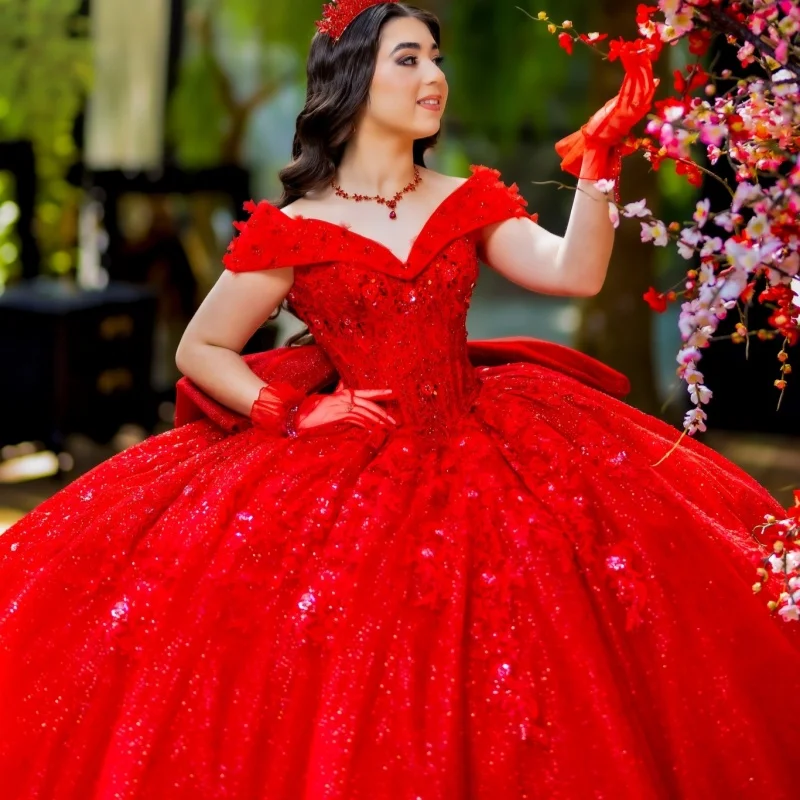 Shiny Red Quinceanera Dress off-shoulder Sequins Crystal Decal Lace Long tail Big Bow vestidos de 15 Quinceanera Customize
Shiny Red Quinceanera Dress off-shoulder Sequins Crystal Decal Lace Long tail Big Bow vestidos de 15 Quinceanera Customize