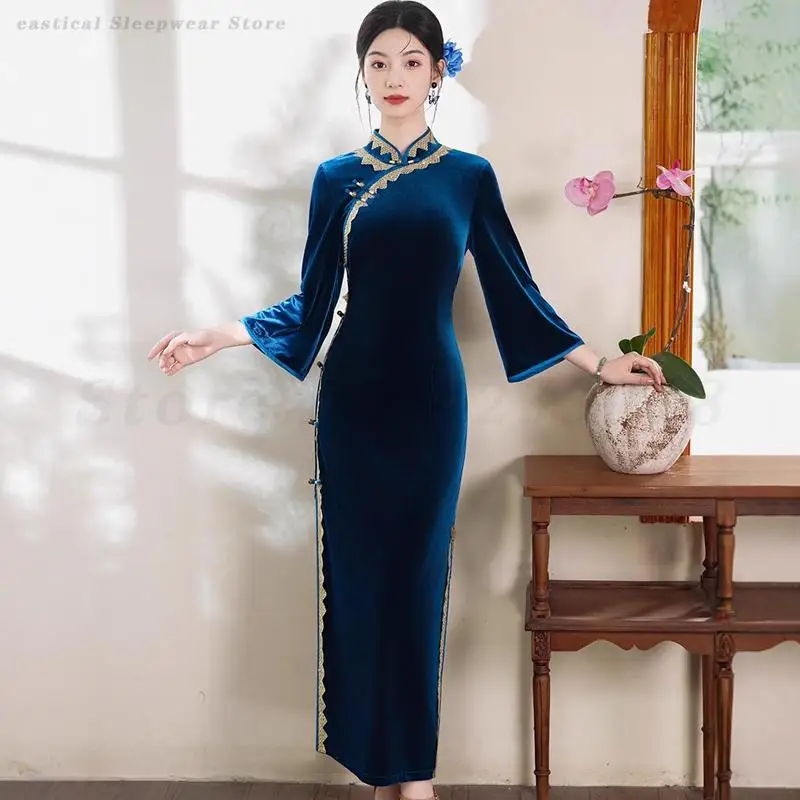 Плюс размер 3XL, традиционное китайское женское платье, винтажное бархатное длинное Ципао, сексуальное тонкое платье Cheongsam с разрезом, вечерние платья в стиле ретро, Vestidos
Плюс размер 3XL, традиционное китайское женское платье, винтажное бархатное длинное Ципао, сексуальное тонкое платье Cheongsam с разрезом, вечерние платья в стиле ретро, Vestidos
