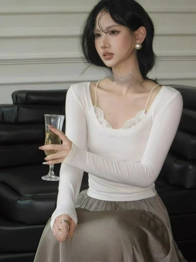 Пряный стиль девушки, кружевная футболка с длинными рукавами и ремешком, женские рубашки из двух частей, топ 
Пряный стиль девушки, кружевная футболка с длинными рукавами и ремешком, женские рубашки из двух частей, топ