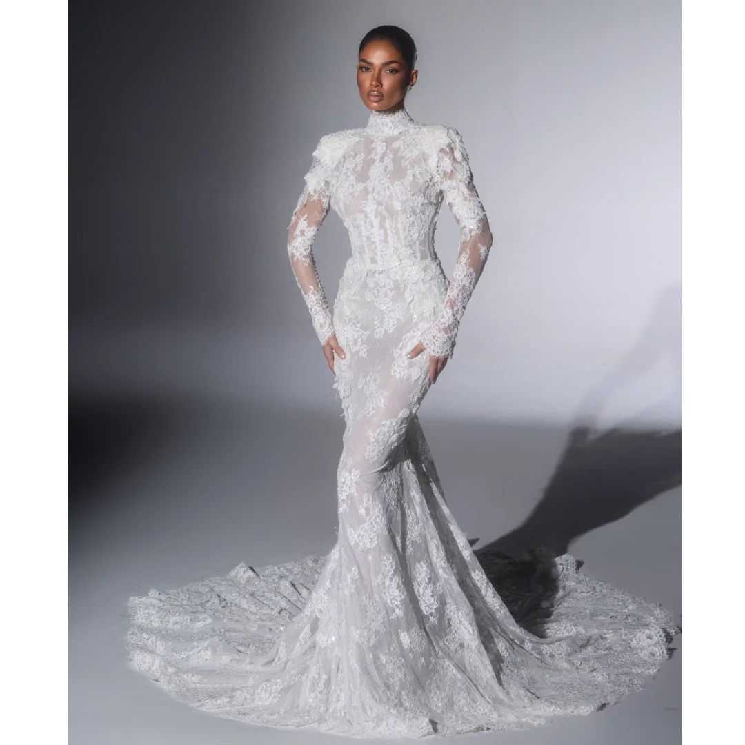 Mermaid Wedding Dresses Lace Appliqued Long Sleeves Bridal Gown High Collar Engagement Party Dress robe de mariée Customized
Mermaid Wedding Dresses Lace Appliqued Long Sleeves Bridal Gown High Collar Engagement Party Dress robe de mariée Customized