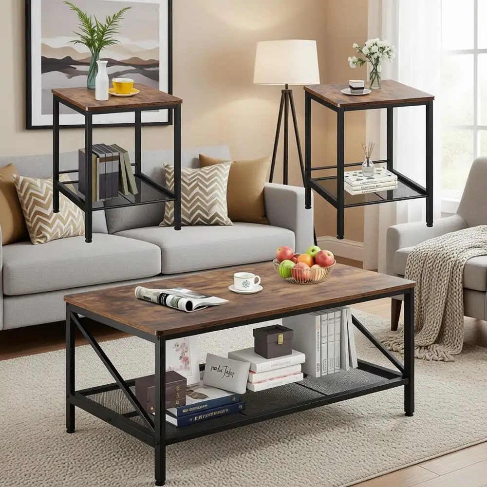 3-Piece Living Room Table Set, 41.3 in Industrial Coffee Table with 2 Square End Side Tables, Easy Assembly Coffee and End Table
3-Piece Living Room Table Set, 41.3 in Industrial Coffee Table with 2 Square End Side Tables, Easy Assembly Coffee and End Table