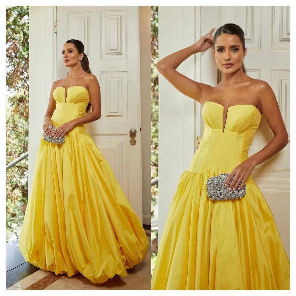 Customized Formal Yellow Satin Evening Dress Modern Strapless Sleeveless Party Dress Temperament Floor Length Celebrit
Customized Formal Yellow Satin Evening Dress Modern Strapless Sleeveless Party Dress Temperament Floor Length Celebrit