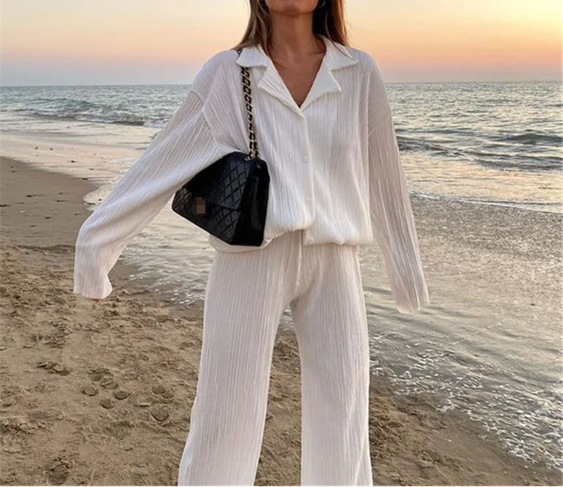 Pleated Design Shirt Two Piece Suit for Women, Solid Color European and American Style Pant Sets in 2025 Spring Fashion
Pleated Design Shirt Two Piece Suit for Women, Solid Color European and American Style Pant Sets in 2025 Spring Fashion