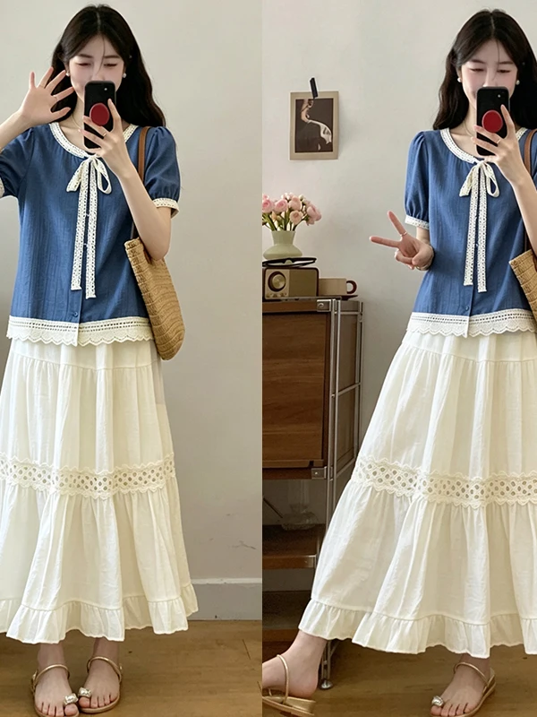 plus Size Summer Shirt Lace Patchwork Loose Slimming Short Sleeve Blue Blouse Half Skirt Set Women Casual Commute Style A-Lin...
plus Size Summer Shirt Lace Patchwork Loose Slimming Short Sleeve Blue Blouse Half Skirt Set Women Casual Commute Style A-Lin...