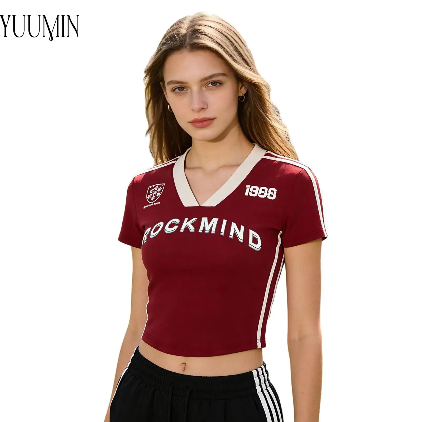 Womens Yoga Tops Contrast Color Side Stripes Letter Print Crop Top Short Sleeve Beach T-shirt Curved Hem Fitness Tops Sportswear
Womens Yoga Tops Contrast Color Side Stripes Letter Print Crop Top Short Sleeve Beach T-shirt Curved Hem Fitness Tops Sportswear