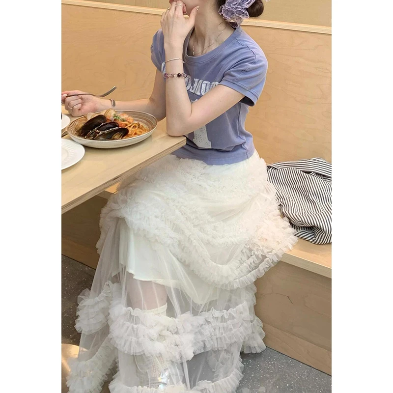PBAP Solid Layered Ruffle Maxi Cake Skirt Women Frilly Princess Tulle Tutu Elastic Waist Puffy A-line Long Skirt Summer Clothes
PBAP Solid Layered Ruffle Maxi Cake Skirt Women Frilly Princess Tulle Tutu Elastic Waist Puffy A-line Long Skirt Summer Clothes