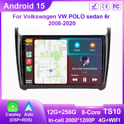 Android 15 Auto Radio 2Din CarPlay Multimedia Video Player For Volkswagen VW POLO sedan 6r 2008-2020 GPS Navigation Car Radio 4G