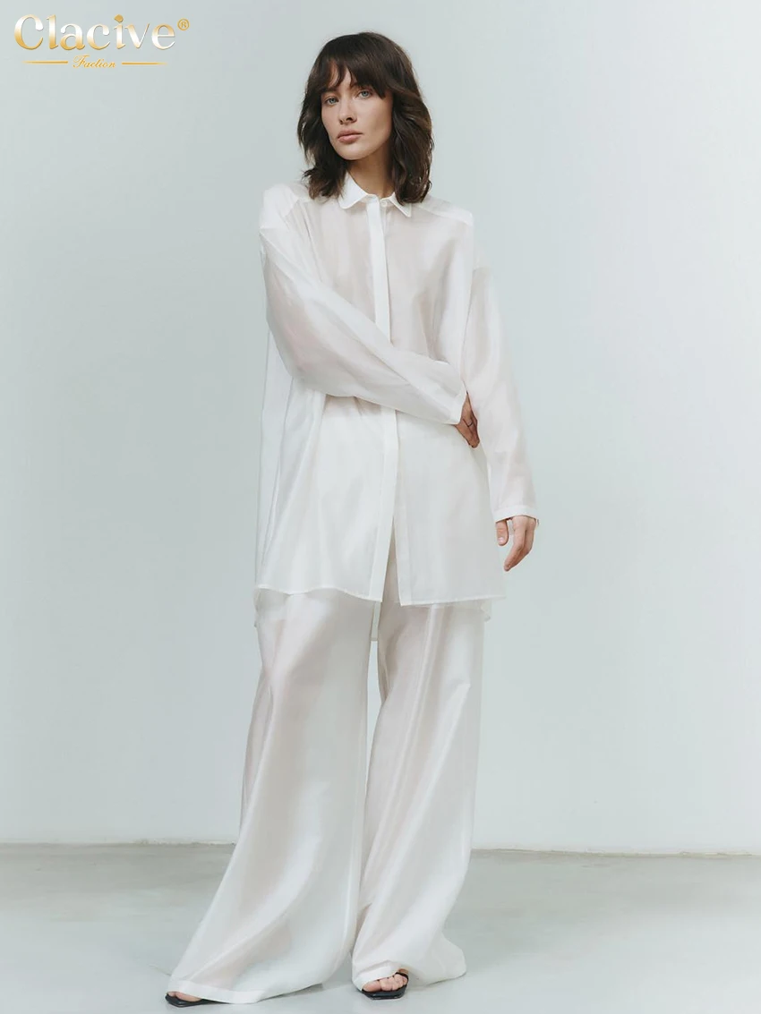 Clacive Fashion Loose White See Through 2 Piece Sets Woman Outfit 2025 Sexy Long Sleeve Shirt With High Waist Wide Pants Set
Clacive Fashion Loose White See Through 2 Piece Sets Woman Outfit 2025 Sexy Long Sleeve Shirt With High Waist Wide Pants Set