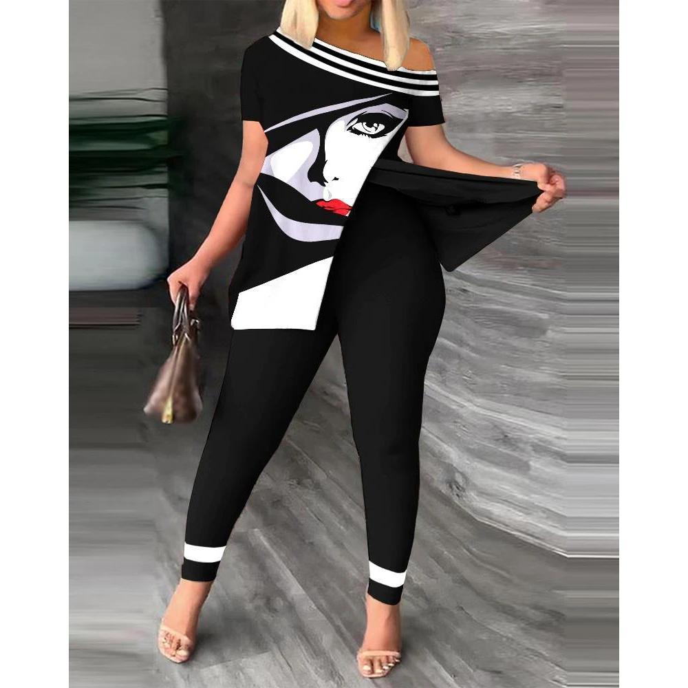 Summer Women Causal Abstract Figure Skew Neck Hem Split Top & Skinny Pants Set New In Short Sleeve Suit 2023 Woman Clothes
Summer Women Causal Abstract Figure Skew Neck Hem Split Top & Skinny Pants Set New In Short Sleeve Suit 2023 Woman Clothes