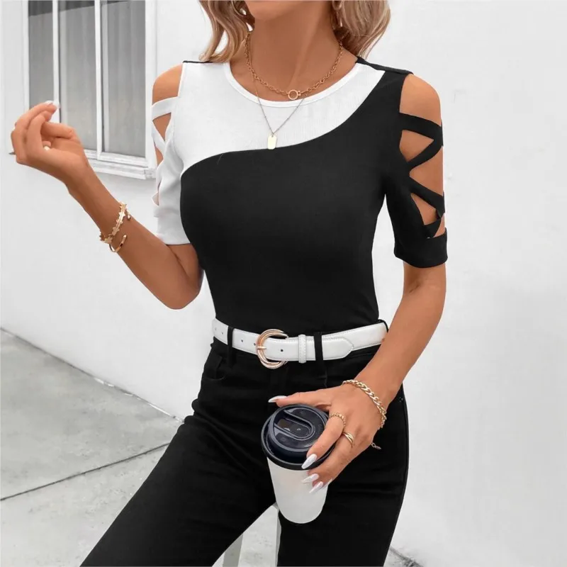 Summer Fashion Women's Blouses Classic Contrast Color Cross Skinny Casual Shirts Round Neck Short Sleeve Hollow Out Street Tops
Summer Fashion Women's Blouses Classic Contrast Color Cross Skinny Casual Shirts Round Neck Short Sleeve Hollow Out Street Tops