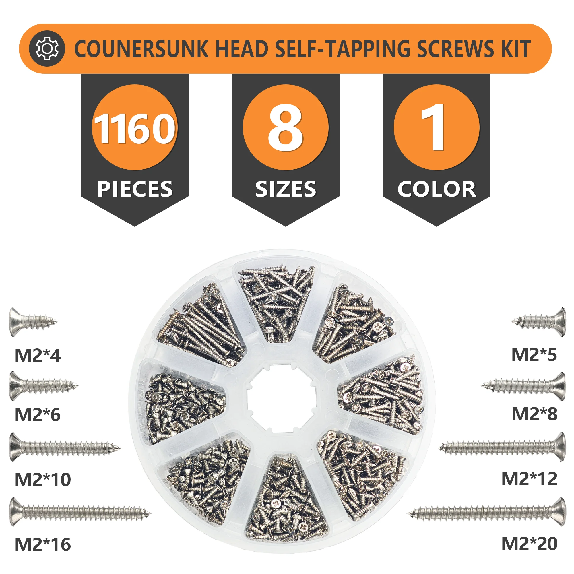 1160Pcs Self Tapping Wood Screws Set, M2 Phillips Flat Head Sheet Metal Screw, Self Tapping Screws Assortment Kit
1160Pcs Self Tapping Wood Screws Set, M2 Phillips Flat Head Sheet Metal Screw, Self Tapping Screws Assortment Kit