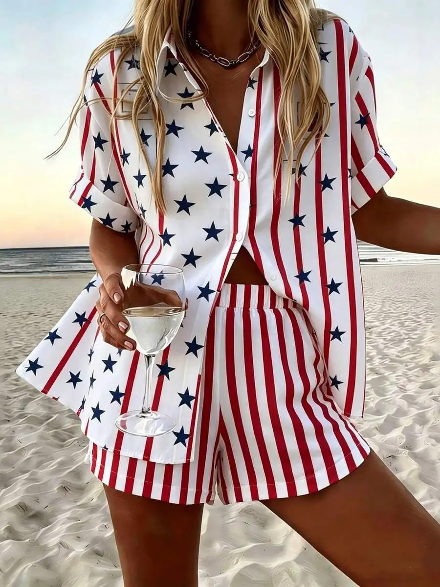 Womens Red White Blue Star Stripe Short Sleeve Shirt And Shorts Set Casual Beach Outfit
Womens Red White Blue Star Stripe Short Sleeve Shirt And Shorts Set Casual Beach Outfit