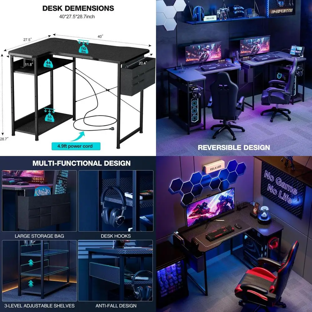 40 Г-образных игровых столов с розетками, двусторонними полками, хранилищем для домашнего офиса и игровых ПК, черный карбон
40 Г-образных игровых столов с розетками, двусторонними полками, хранилищем для домашнего офиса и игровых ПК, черный карбон
