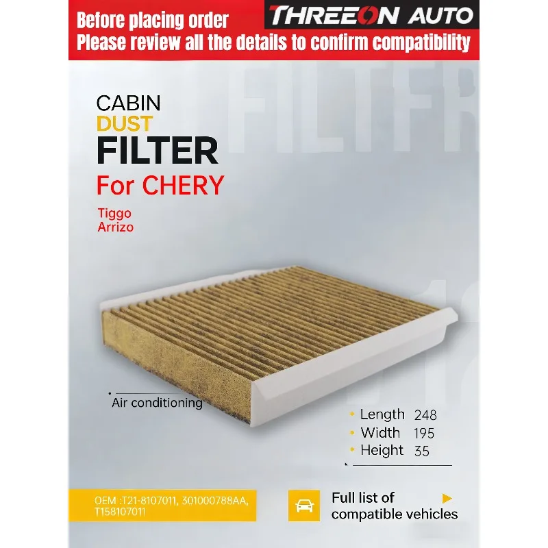 THREEON AUTO Activated Carbon Air Cabin Filter for CHERY Arrizo 6 EQ5 EV Omoda O5 S5 TIGGO 3 4 TIGGO 7 8 7P 8P CU25040 TOC9633P
THREEON AUTO Activated Carbon Air Cabin Filter for CHERY Arrizo 6 EQ5 EV Omoda O5 S5 TIGGO 3 4 TIGGO 7 8 7P 8P CU25040 TOC9633P