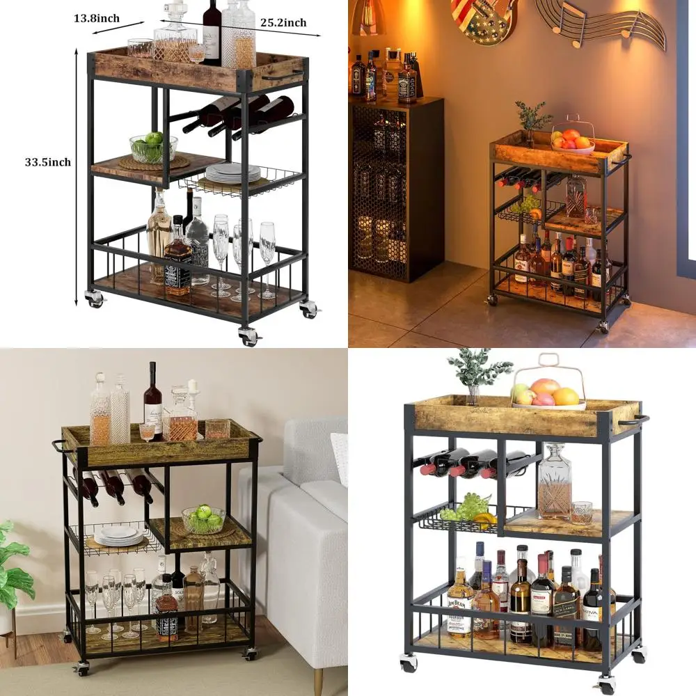 3-Tier Rolling Wine Rack with Wheels, Vintage Style Wood and Metal Serving Trolley for Home Kitchen, Glass Holder Bar Cart
3-Tier Rolling Wine Rack with Wheels, Vintage Style Wood and Metal Serving Trolley for Home Kitchen, Glass Holder Bar Cart