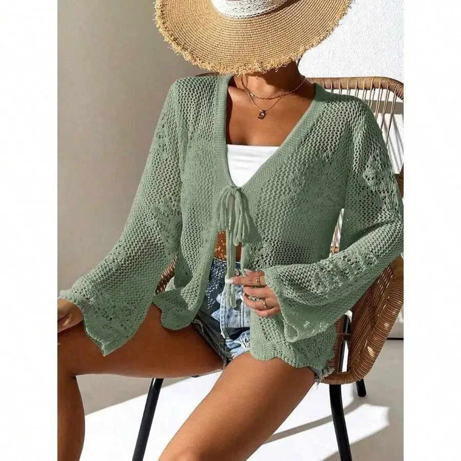 Womens Summer Beach Casual Long Sleeve Hollow Out Tie-Front Crochet Cardigan
Womens Summer Beach Casual Long Sleeve Hollow Out Tie-Front Crochet Cardigan