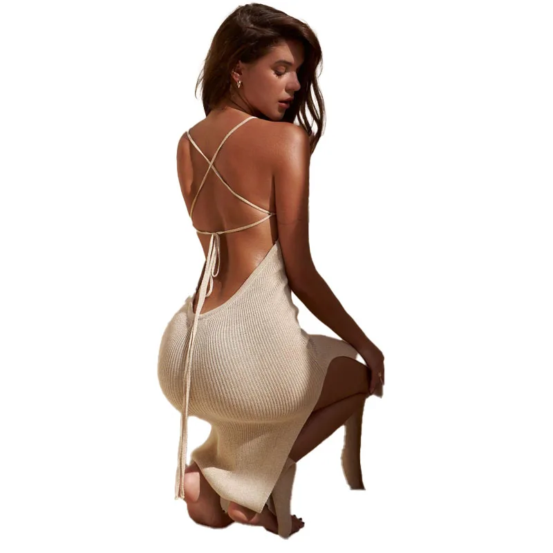 Summer Beach Dress High Split Solid Color Vacation Dress Sexy Knit Backless Halter Dress Elegant Sleeveless Bodycon Tie-up Dress
Summer Beach Dress High Split Solid Color Vacation Dress Sexy Knit Backless Halter Dress Elegant Sleeveless Bodycon Tie-up Dress