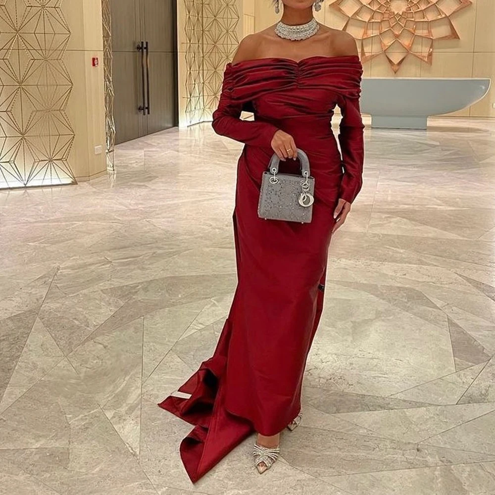 Saudi Evening Gowns Straight 3/4 Sleeves Off the Shoulder Satin Ankle Length Pleats Panel Train Solid Color Party Gowns 2024
Saudi Evening Gowns Straight 3/4 Sleeves Off the Shoulder Satin Ankle Length Pleats Panel Train Solid Color Party Gowns 2024
