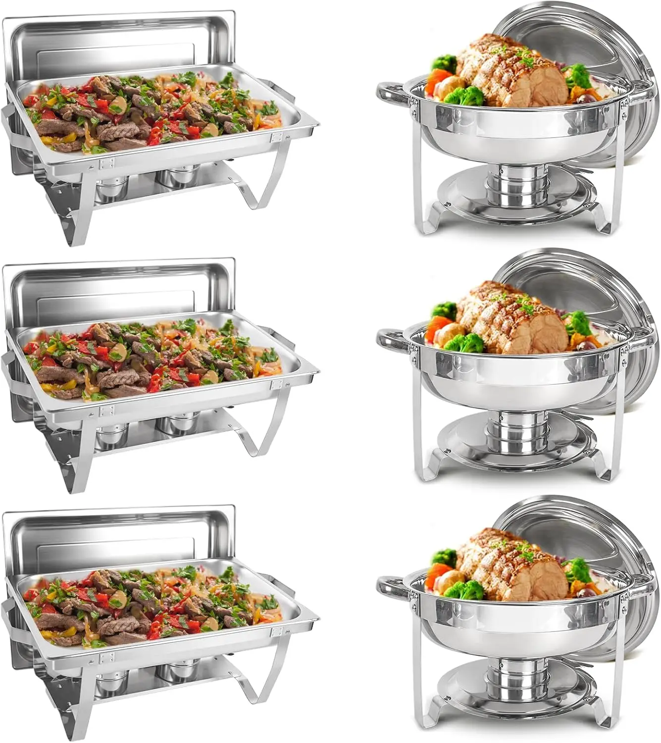 6 Pack Chafing Dish Set: 3 Round 5QT & 3 Rectangular 8QT Stainless Steel Buffet Warmer with Fuel Holders for Catering, Parties
6 Pack Chafing Dish Set: 3 Round 5QT & 3 Rectangular 8QT Stainless Steel Buffet Warmer with Fuel Holders for Catering, Parties
