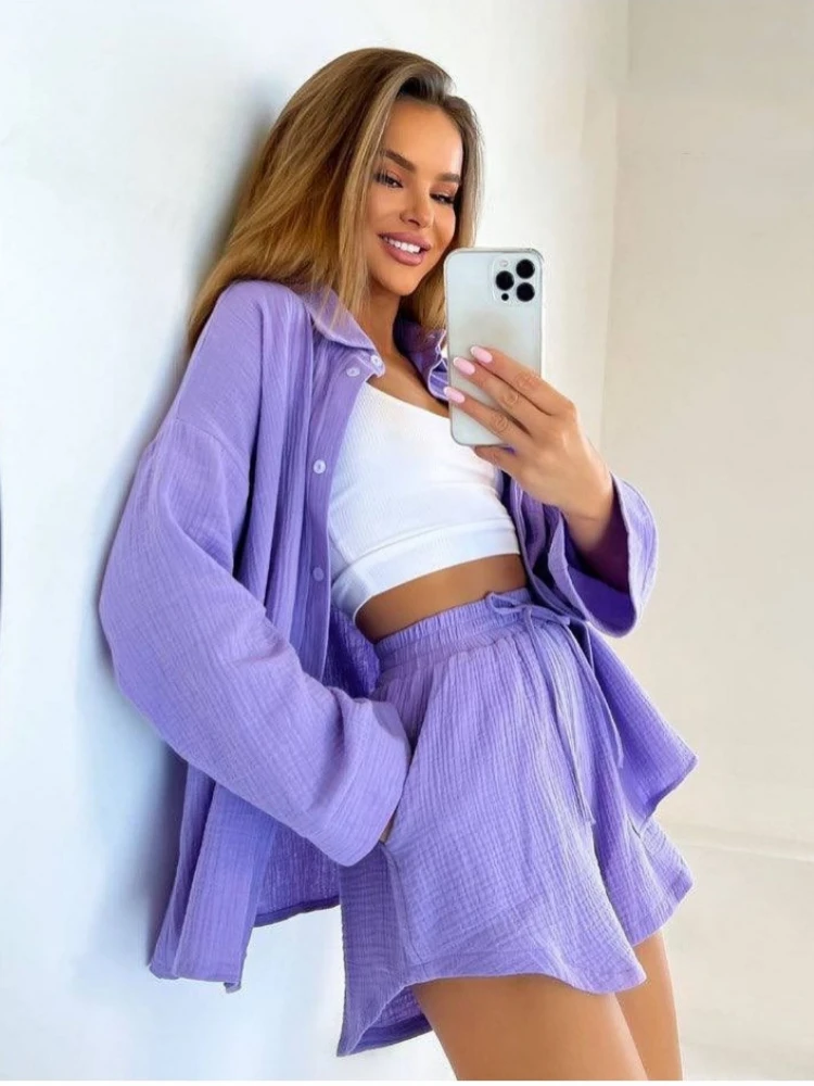 Cotton Two-piece Suit Women Pajama Sets Long Sleeve Shirt Shorts Suits Sleepwear Loungewear Beach Single Breasted Cardigan New
Cotton Two-piece Suit Women Pajama Sets Long Sleeve Shirt Shorts Suits Sleepwear Loungewear Beach Single Breasted Cardigan New