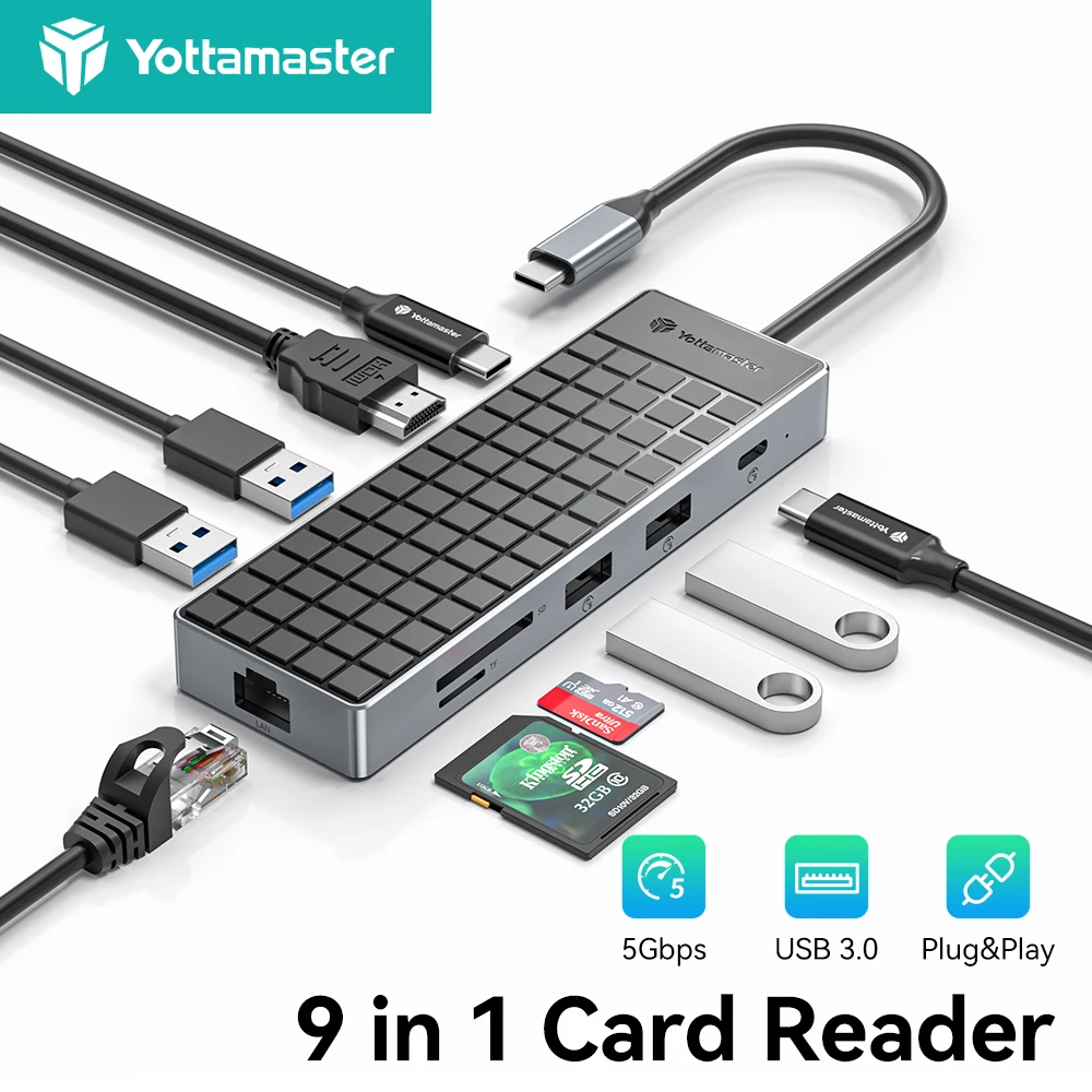 Yottamaster USB C Hub 1000Mbps Ethernet PD100W Charging 4K HDMI USB 3.0 SD/TF Card Reader Docking Station for MacBook Windows
Yottamaster USB C Hub 1000Mbps Ethernet PD100W Charging 4K HDMI USB 3.0 SD/TF Card Reader Docking Station for MacBook Windows