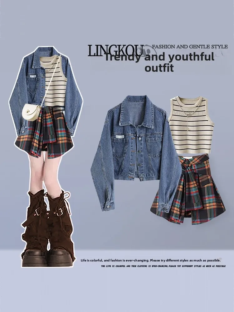 Anti-Aging Large Size Autumn Set Women's Lazy Style Denim Jacket Stripe Strap Slimming Fake Two-Piece Short Skirt Three-Piece...
Anti-Aging Large Size Autumn Set Women's Lazy Style Denim Jacket Stripe Strap Slimming Fake Two-Piece Short Skirt Three-Piece...