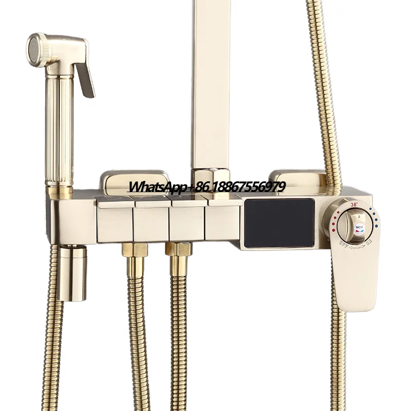 Polished Brass 4-Function Exposed Shower Faucet with 10 Inch Chrome Thermostatic Rain Shower Head Single Handle for Bathroom 
Polished Brass 4-Function Exposed Shower Faucet with 10 Inch Chrome Thermostatic Rain Shower Head Single Handle for Bathroom
