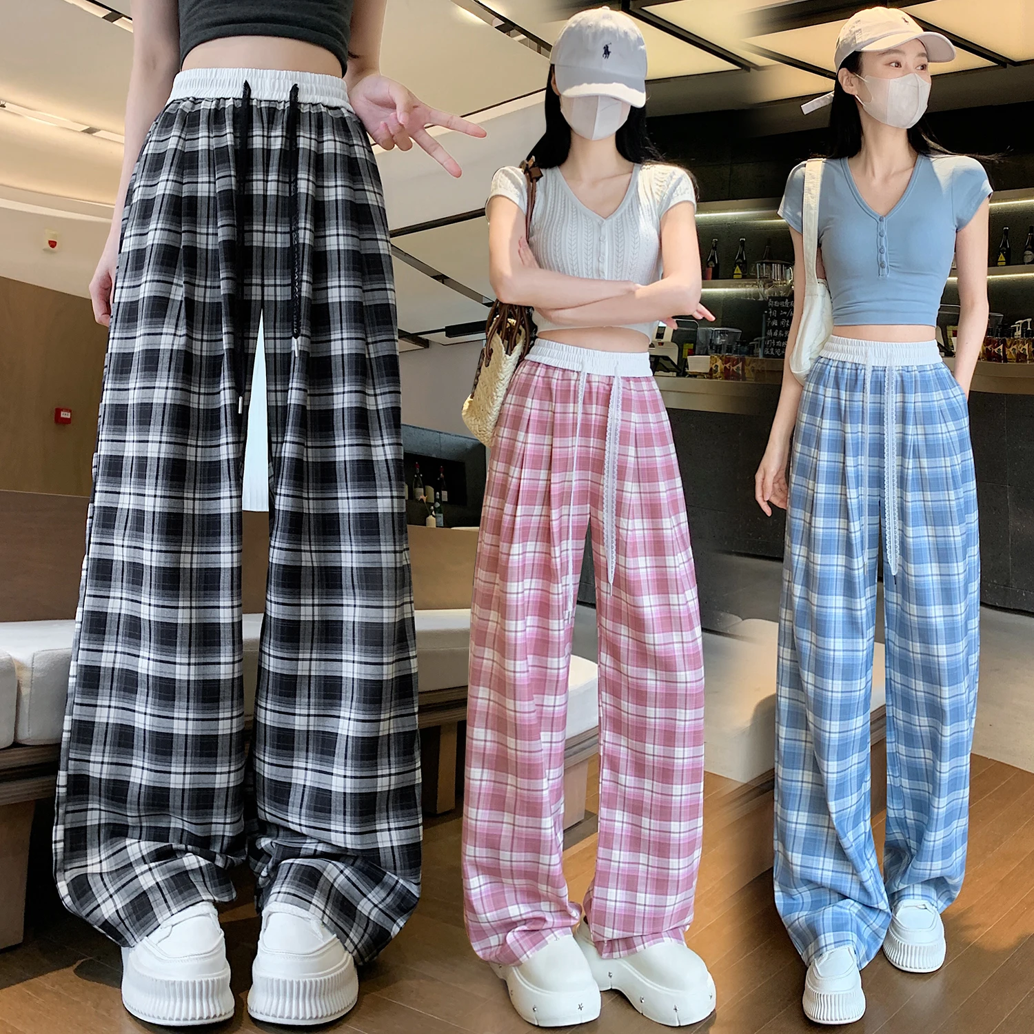 Woman Summer Plaid Pants Women Lace Drawstring Wide Leg Trousers Female Casual High Waist Checkered Pants P13
Woman Summer Plaid Pants Women Lace Drawstring Wide Leg Trousers Female Casual High Waist Checkered Pants P13