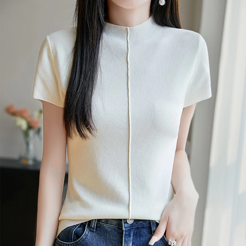 Summer new knitted women's short sleeved casual half high neck T-shirt basic versatile fit Tees cool pullover Blouse
Summer new knitted women's short sleeved casual half high neck T-shirt basic versatile fit Tees cool pullover Blouse
