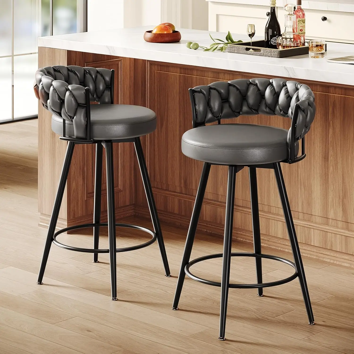 26" Counter Height Bar Stools Set 2 Faux Leather Woven Back Metal Leg 360°Swivel Kitchen Dark Grey Customized
26" Counter Height Bar Stools Set 2 Faux Leather Woven Back Metal Leg 360°Swivel Kitchen Dark Grey Customized