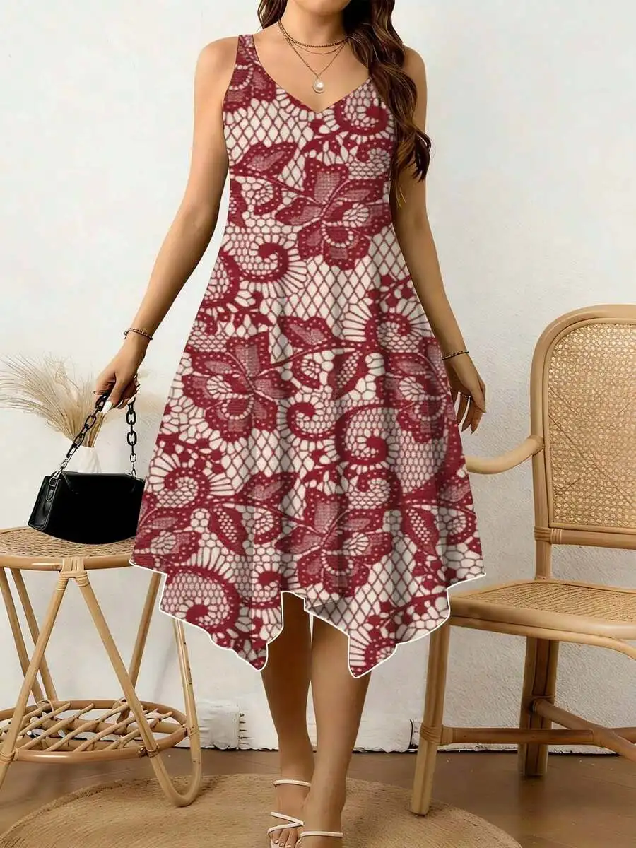 Women V Neck Irregular Hem Red Floral Lace Print Summer Casual Dress
Women V Neck Irregular Hem Red Floral Lace Print Summer Casual Dress