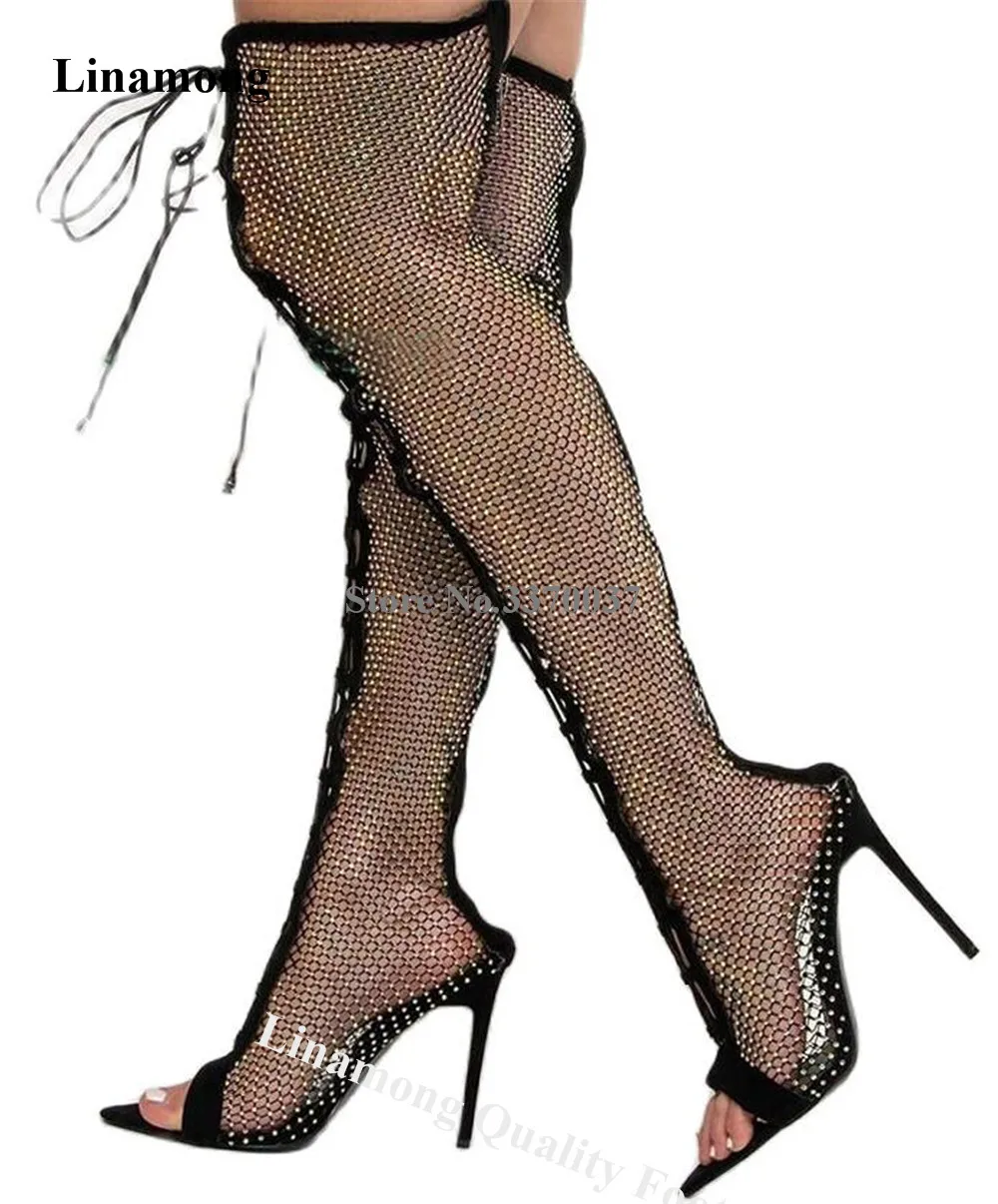 Linamong Bling Bling Rhinestones Mesh Over Knee Boots Pointed Open Toe Clear Sequins Crystals Stiletto Heel Long Boots
Linamong Bling Bling Rhinestones Mesh Over Knee Boots Pointed Open Toe Clear Sequins Crystals Stiletto Heel Long Boots