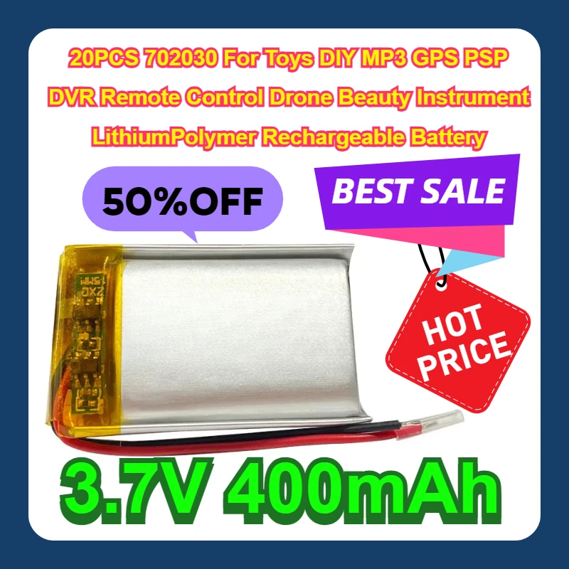3.7V 400mAh 20PCS 702030 For Toys DIY MP3 GPS PSP DVR Remote Control Drone Beauty Instrument LithiumPolymer Rechargeable Battery
3.7V 400mAh 20PCS 702030 For Toys DIY MP3 GPS PSP DVR Remote Control Drone Beauty Instrument LithiumPolymer Rechargeable Battery