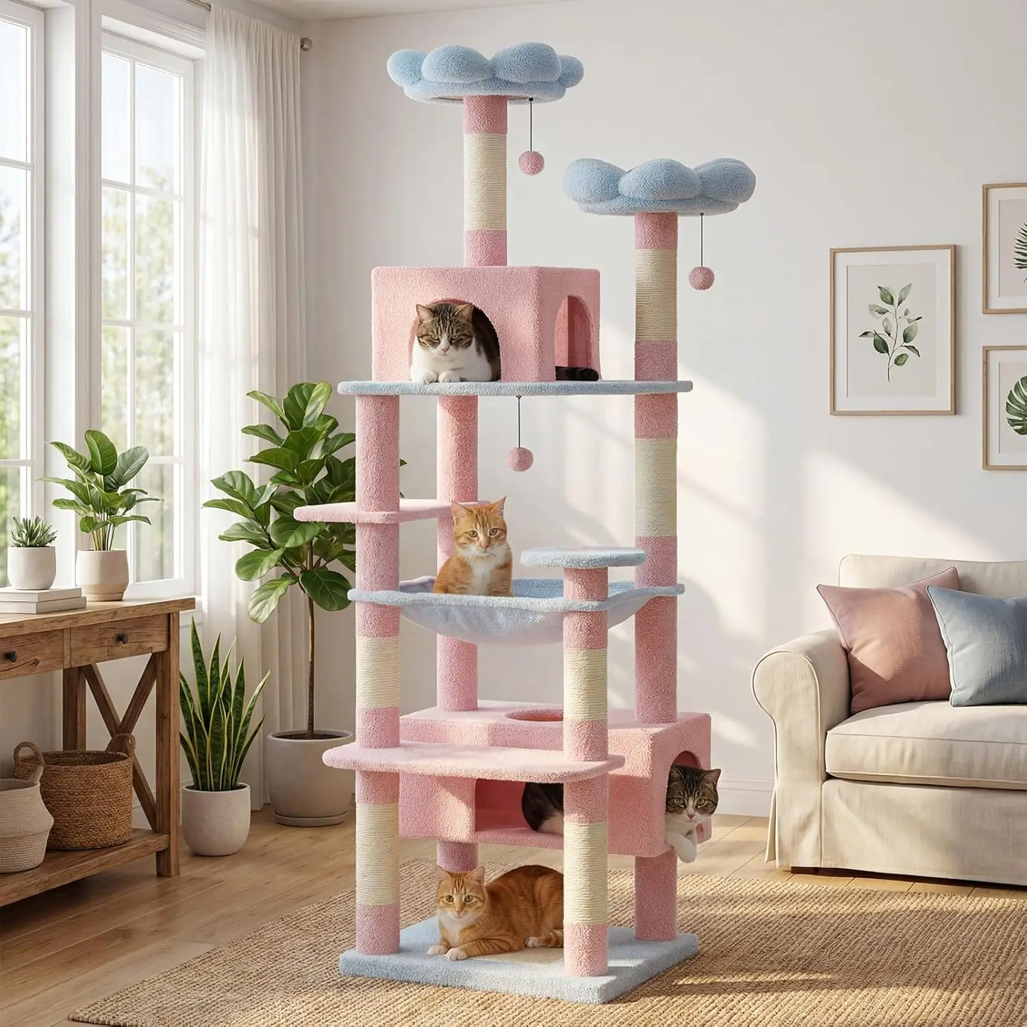 72in Steel-Frame Cat Tree with Hammock & 7 Scratching Posts, 2 Condos & Perches for Large Indoor Cats, Custom
72in Steel-Frame Cat Tree with Hammock & 7 Scratching Posts, 2 Condos & Perches for Large Indoor Cats, Custom